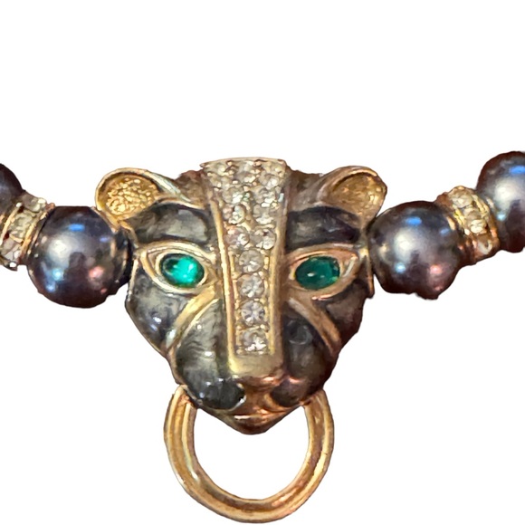 Kenneth Jay Lane Grey Pearl crystal enameled panther necklace & earrings Set - Picture 2 of 12